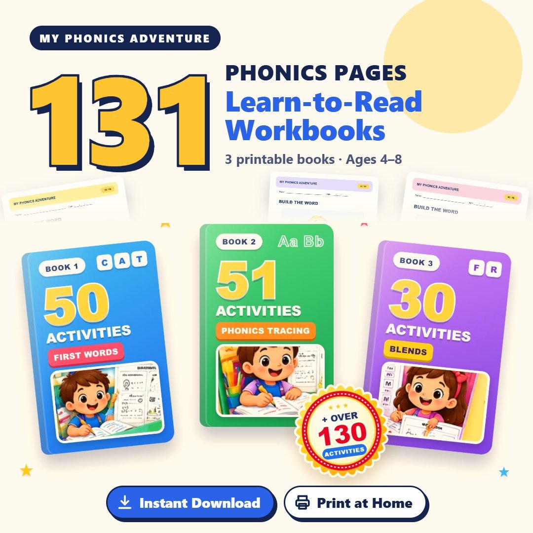 My Phonics Adventure: 131 phonics pages in 3 printable books for ages 4–8. Book 1 First Words, Book 2 Phonics Tracing, Book 3 Blends. Instant download, print at home.