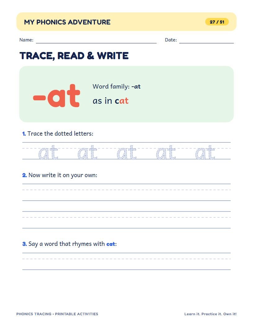 Word family -at page: as in cat, dotted letters to trace and a line to write a rhyme