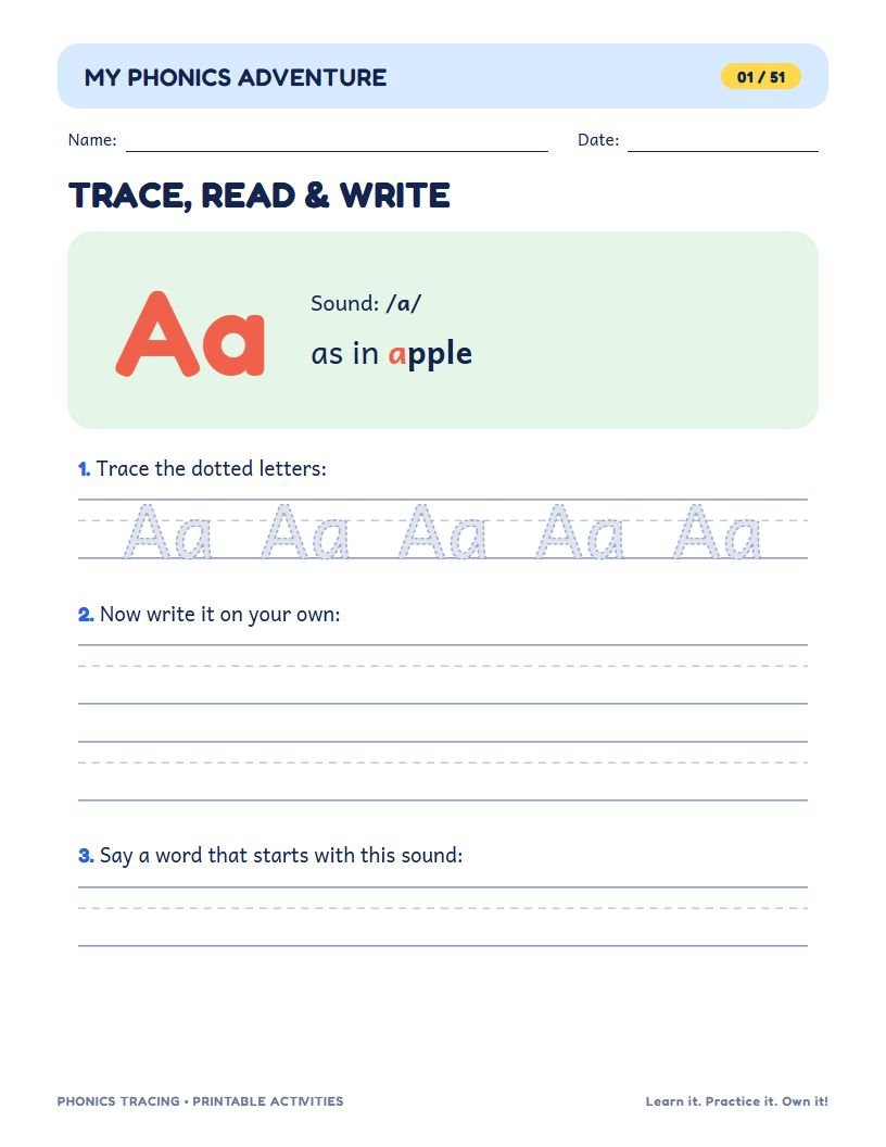 Letter A page: the sound /a/ as in apple, dotted Aa to trace and lines to write