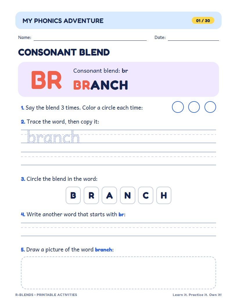Blend BR page with the word BRANCH: say it, trace it, circle the blend, and draw it